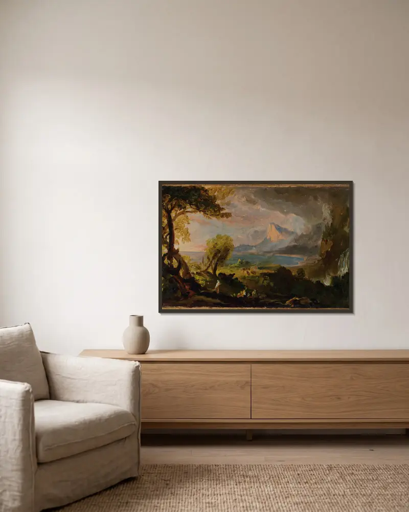 Der Weg des Reiches – Der wilde Zustand von Thomas Cole gerahmt an einer Wand