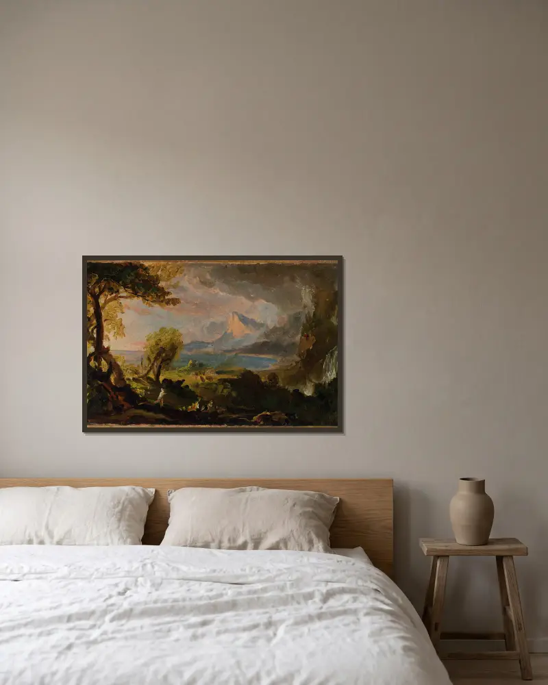 Der Weg des Reiches – Der wilde Zustand von Thomas Cole gerahmt an einer Wand