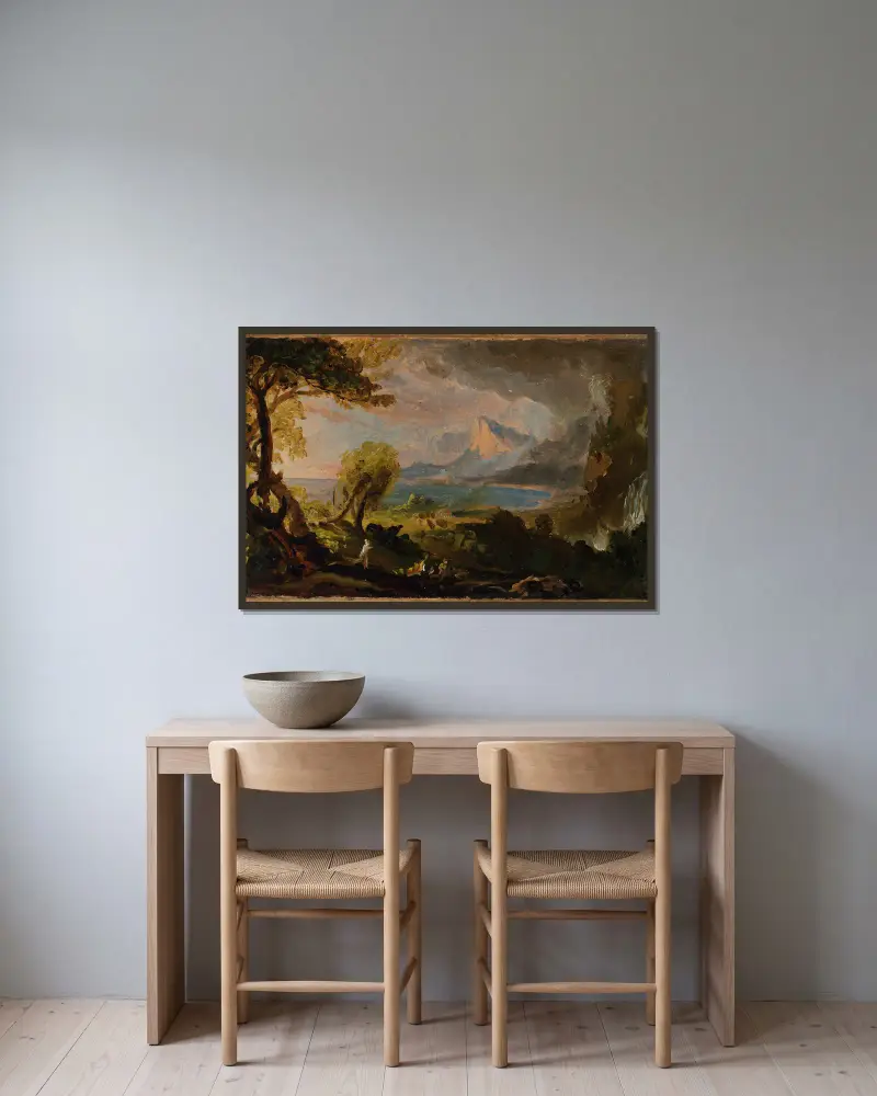 Der Weg des Reiches – Der wilde Zustand von Thomas Cole gerahmt an einer Wand