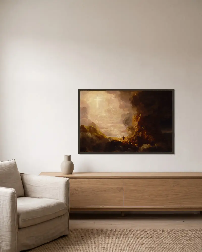 Pilgrimen vid korset vid slutet av sin resa (studie för serien Korset och världen) av Thomas Cole inramad på en vägg