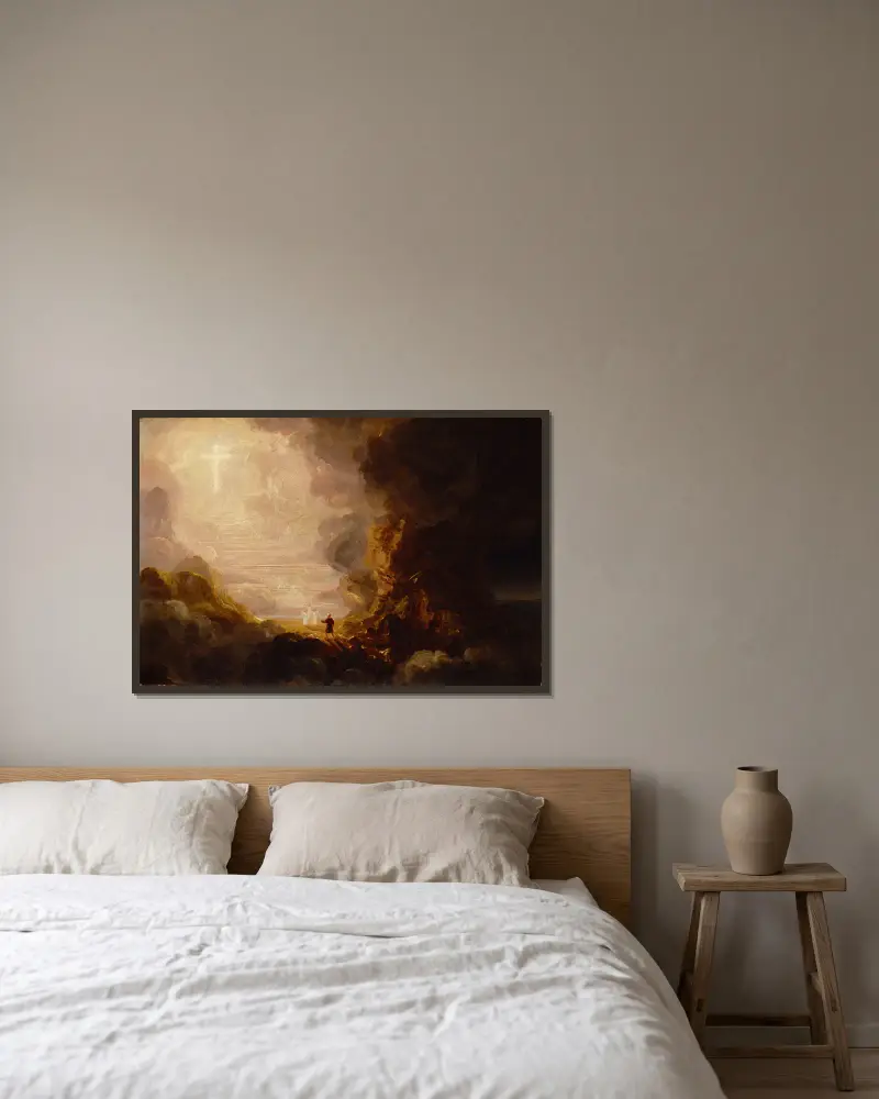 Pilgrimen vid korset vid slutet av sin resa (studie för serien Korset och världen) av Thomas Cole inramad på en vägg