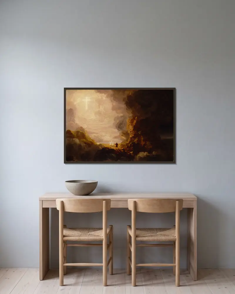 Pilgrimen vid korset vid slutet av sin resa (studie för serien Korset och världen) av Thomas Cole inramad på en vägg