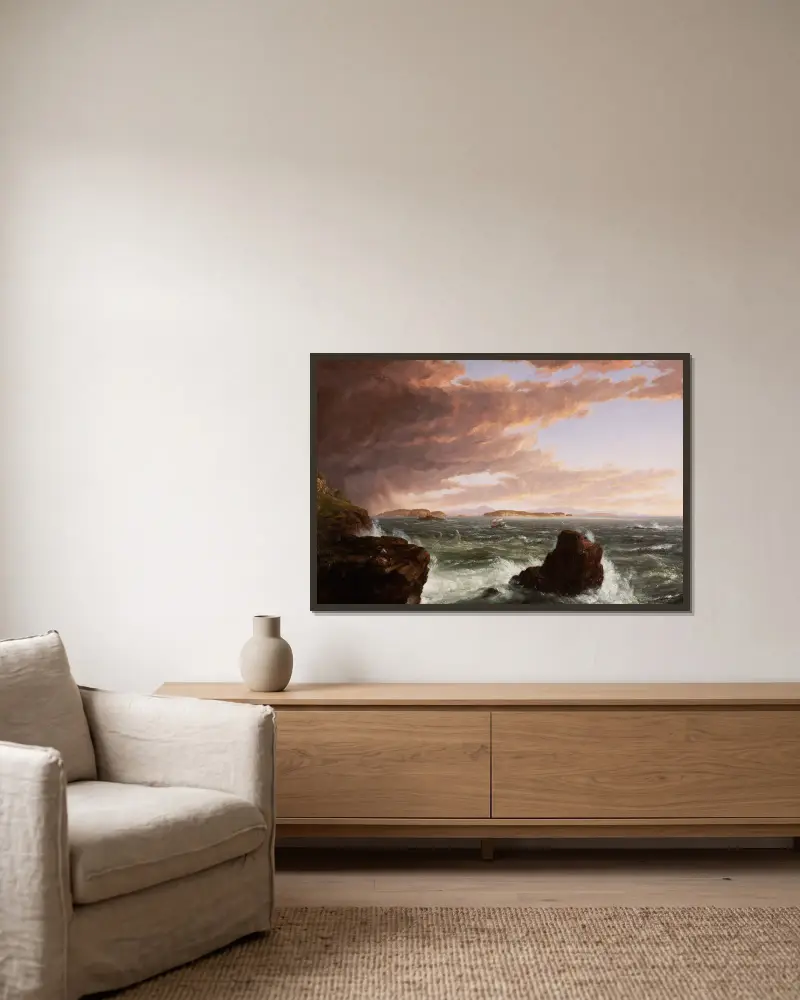Utsikt över Frenchman's Bay från Mt. Desert Island, efter en kastby av Thomas Cole inramad på en vägg