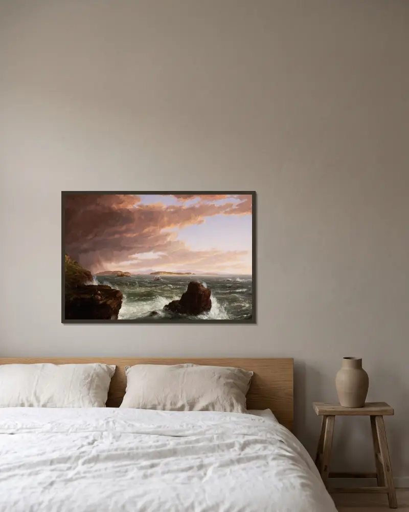 Utsikt över Frenchman's Bay från Mt. Desert Island, efter en kastby av Thomas Cole inramad på en vägg
