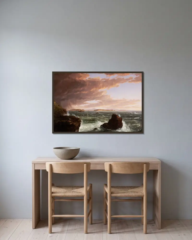Utsikt över Frenchman's Bay från Mt. Desert Island, efter en kastby av Thomas Cole inramad på en vägg