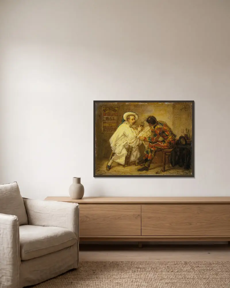 Harlekin und Pierrot von Thomas Couture gerahmt an einer Wand