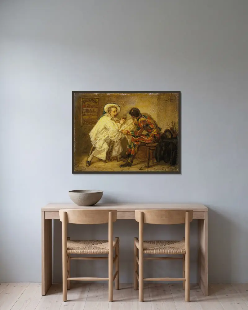 Harlekin und Pierrot von Thomas Couture gerahmt an einer Wand