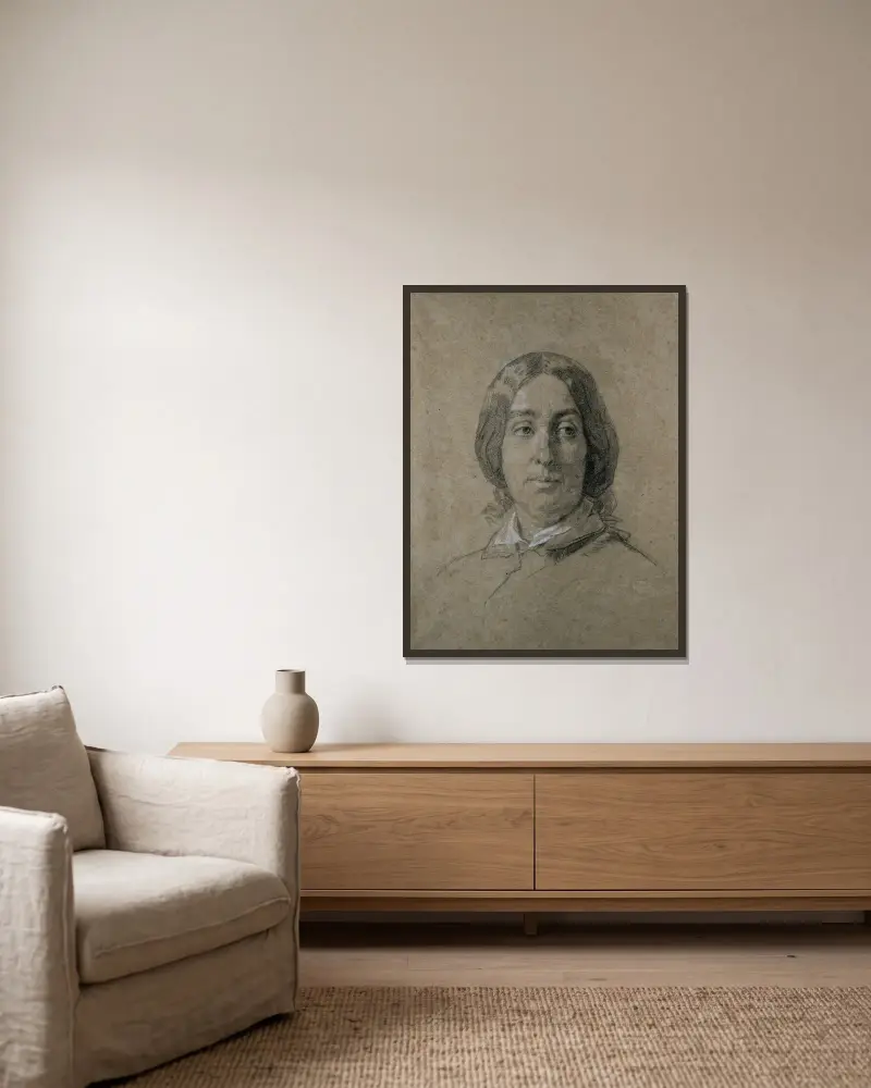 Portrait de George Sand av Thomas Couture inramad på en vägg