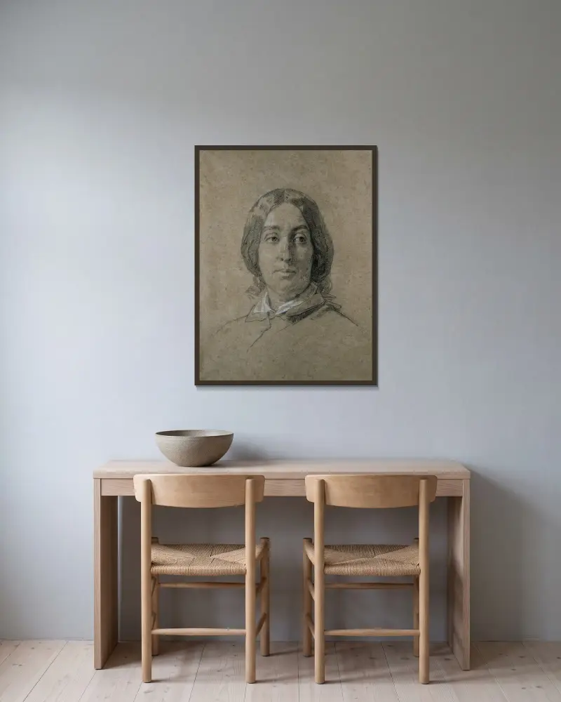 Portrait de George Sand av Thomas Couture inramad på en vägg