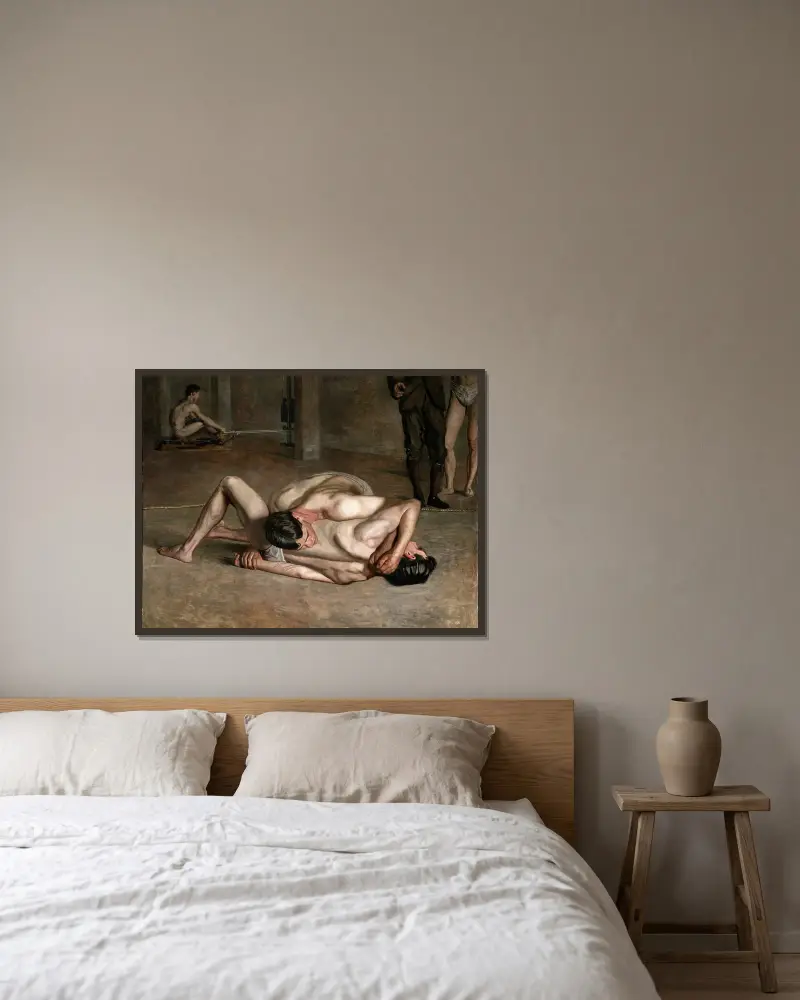 Wrestlers av Thomas Eakins inramad på en vägg