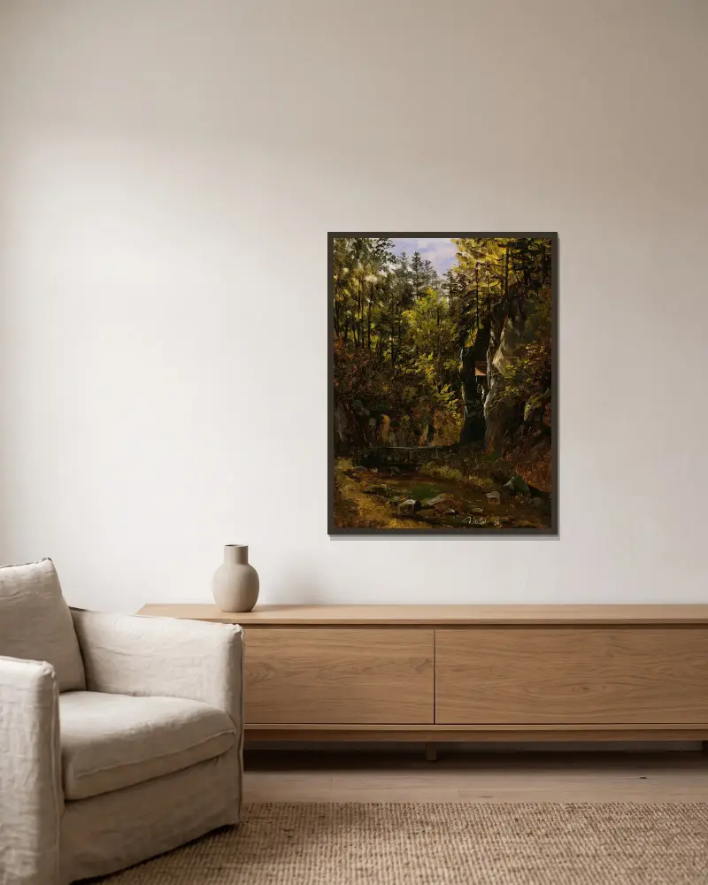 A Forest Road with an Altar av Thomas Fearnley inramad på en vägg