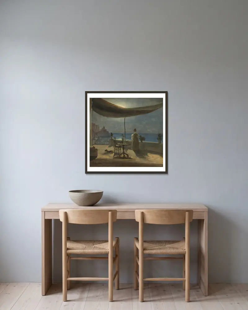 Terrass i Amalfi i månsken av Thomas Fearnley inramad på en vägg