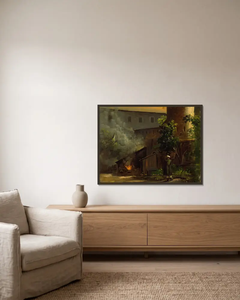 Från en innergård på slottet Scharfenberg nära Dresden av Thomas Fearnley inramad på en vägg
