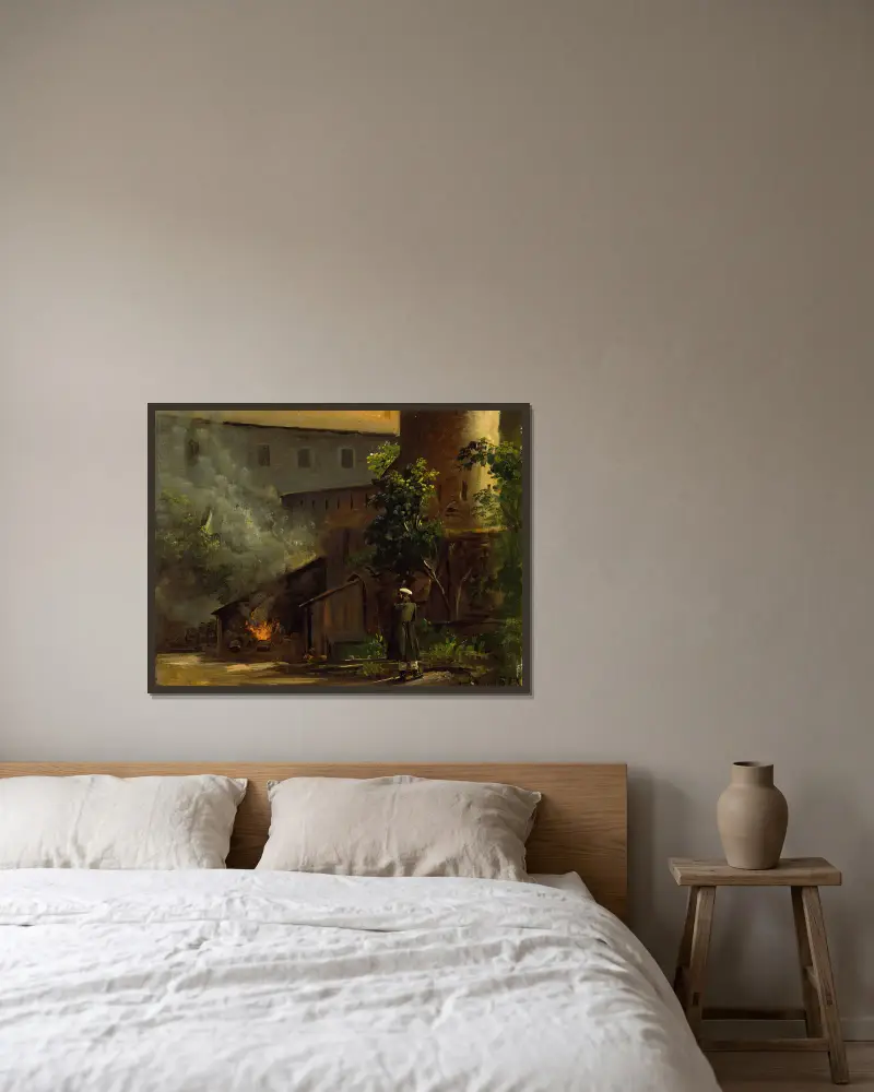 Från en innergård på slottet Scharfenberg nära Dresden av Thomas Fearnley inramad på en vägg
