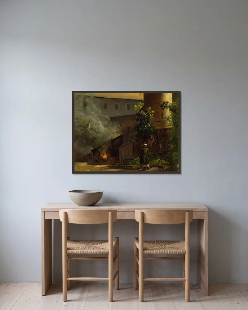 Från en innergård på slottet Scharfenberg nära Dresden av Thomas Fearnley inramad på en vägg