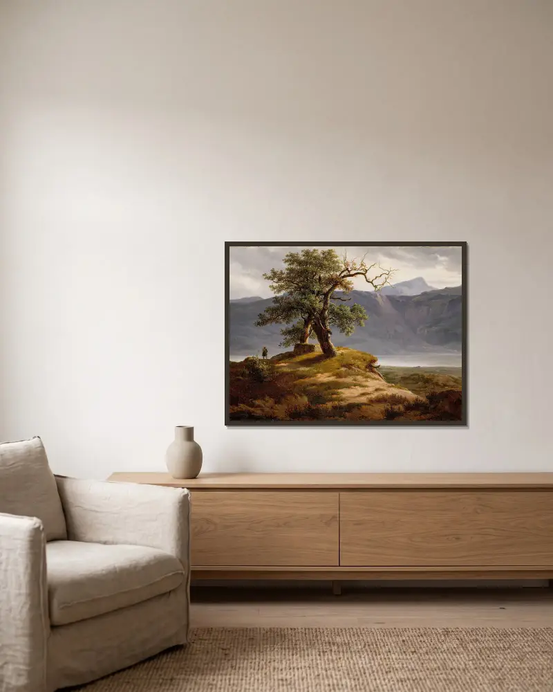Landscape with a Wanderer av Thomas Fearnley inramad på en vägg