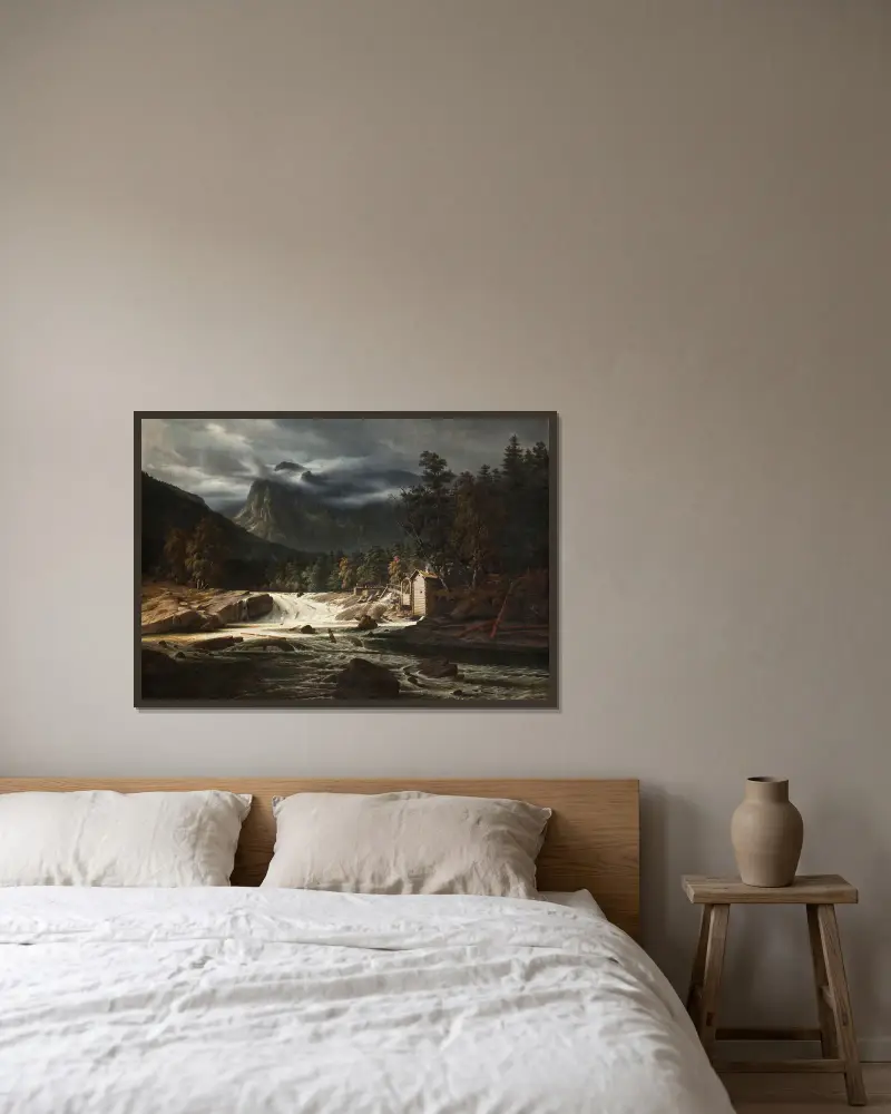 Norwegian Landscape, Marumfoss av Thomas Fearnley inramad på en vägg