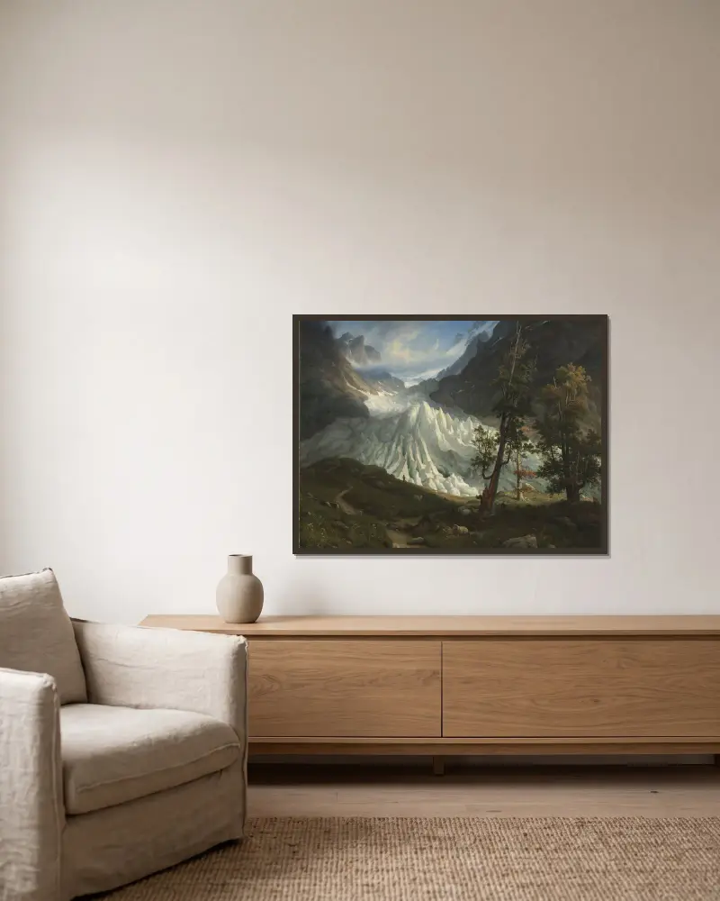 The Grindelwaldgletscher av Thomas Fearnley inramad på en vägg