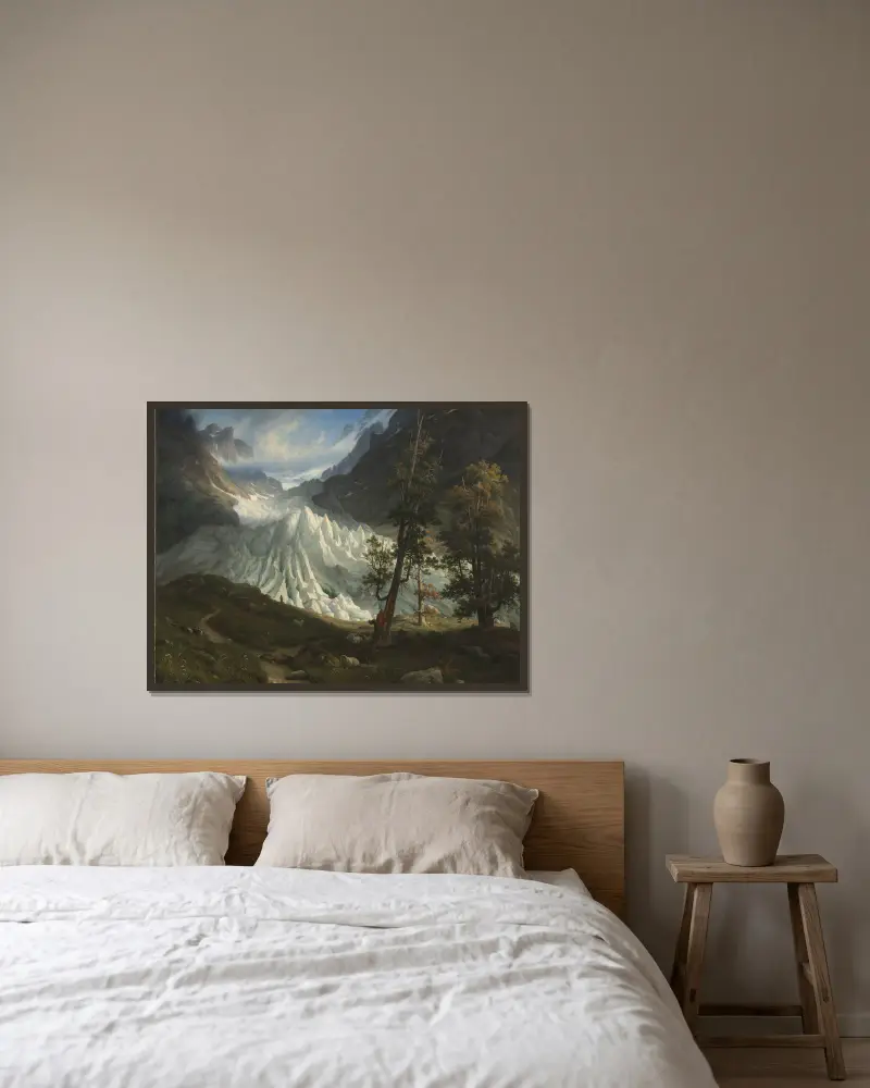 The Grindelwaldgletscher av Thomas Fearnley inramad på en vägg