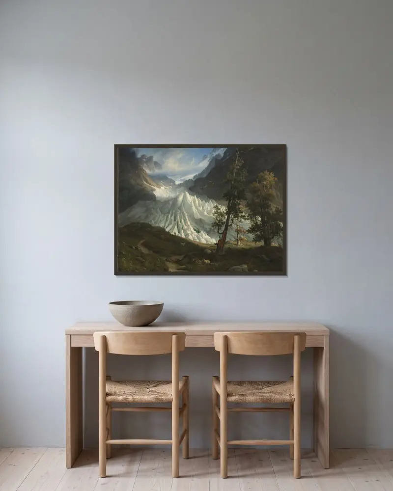 The Grindelwaldgletscher av Thomas Fearnley inramad på en vägg