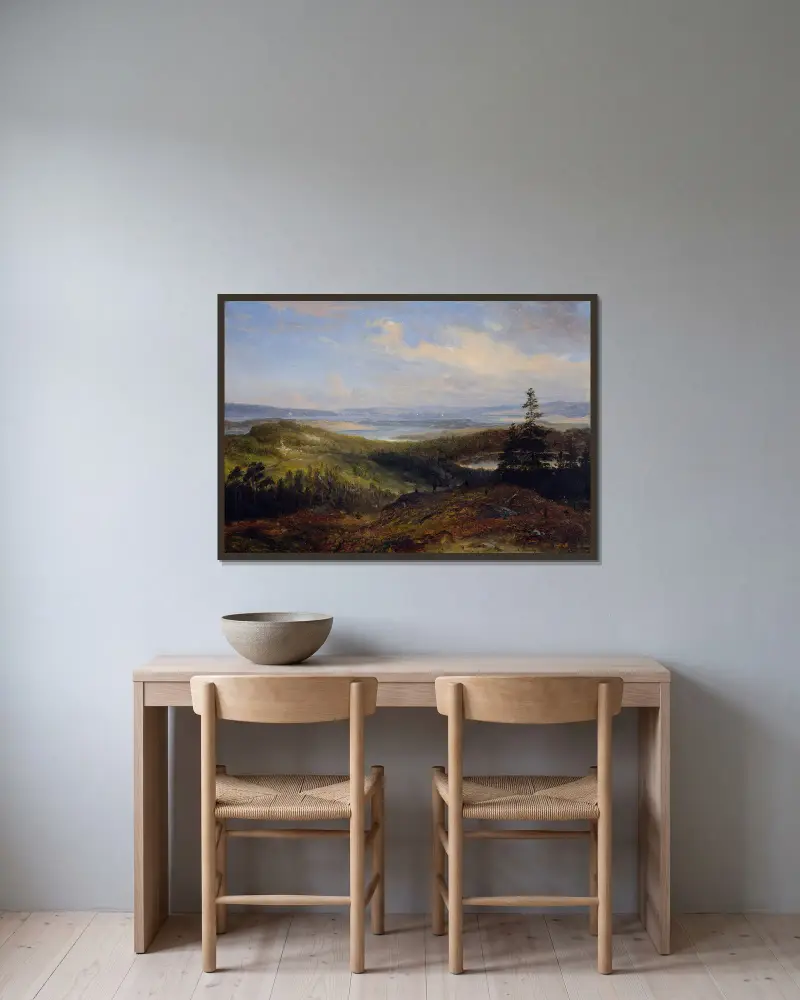 Vy över Oslofjorden av Thomas Fearnley inramad på en vägg