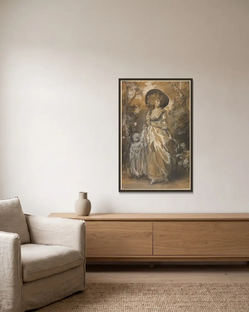 Dama spacerująca w ogrodzie z dzieckiem, Thomas Gainsborough w ramie na ścianie