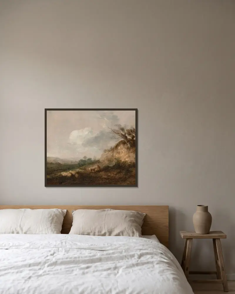 Herde med sin hund i ett landskap, fårhjorden vilar vid en dyn i förgrunden av Thomas Gainsborough inramad på en vägg