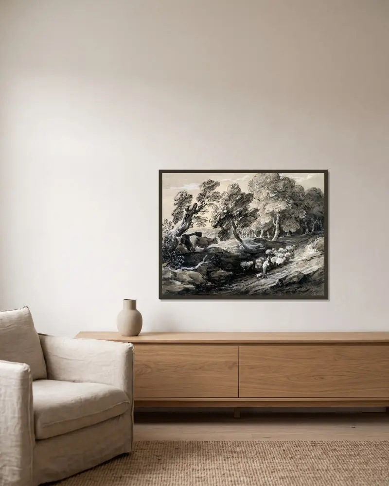 Herde som driver en fårflock genom en skog av Thomas Gainsborough inramad på en vägg
