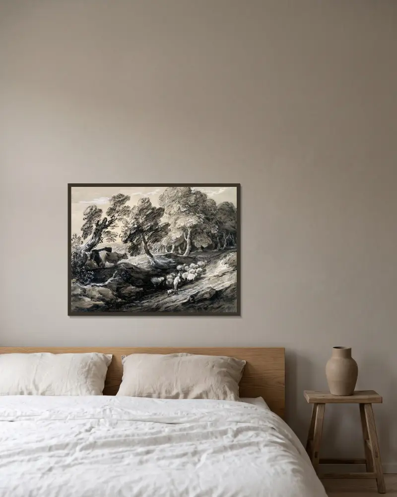 Herde som driver en fårflock genom en skog av Thomas Gainsborough inramad på en vägg