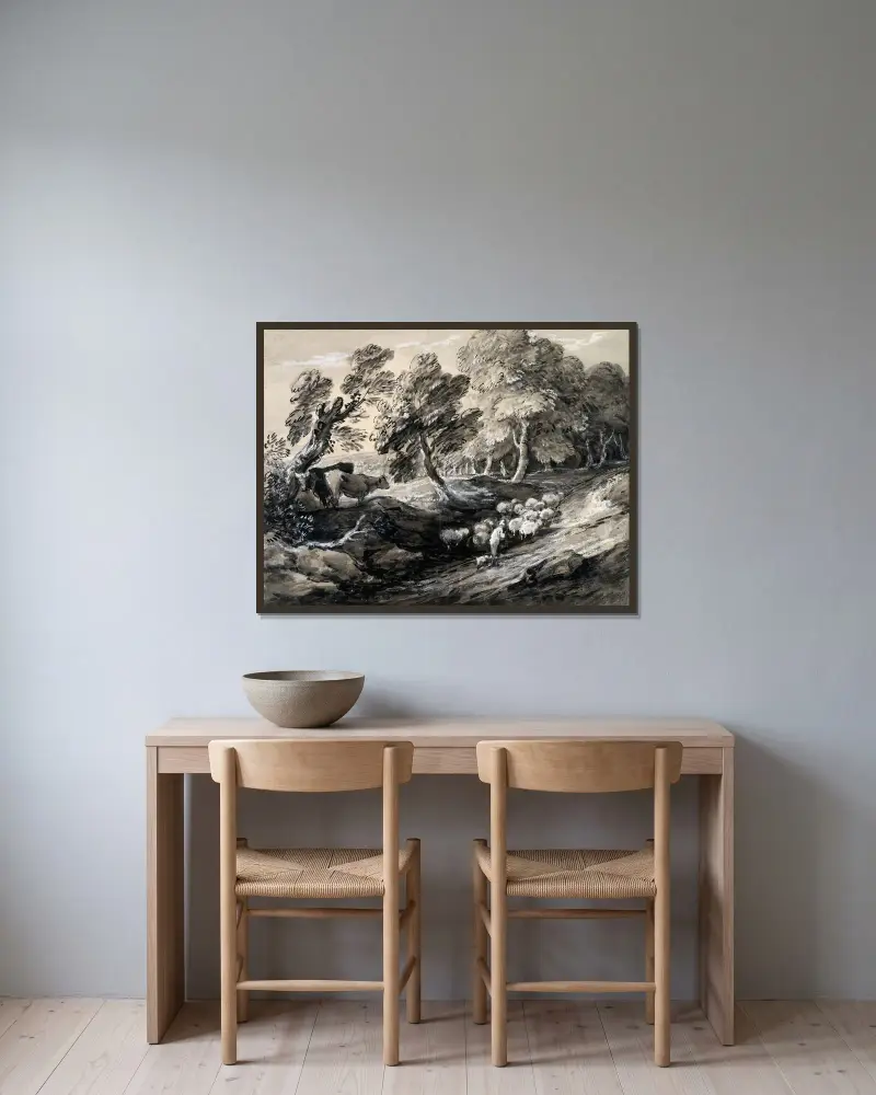 Herde som driver en fårflock genom en skog av Thomas Gainsborough inramad på en vägg