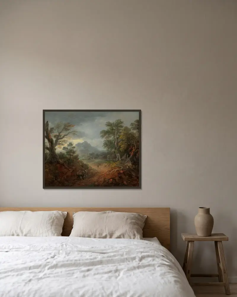 Skogslandskap med åsnor och figurer på en stig av Thomas Gainsborough inramad på en vägg