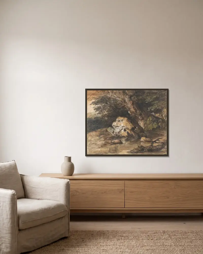 Skogsdamm med klippor och växter av Thomas Gainsborough inramad på en vägg