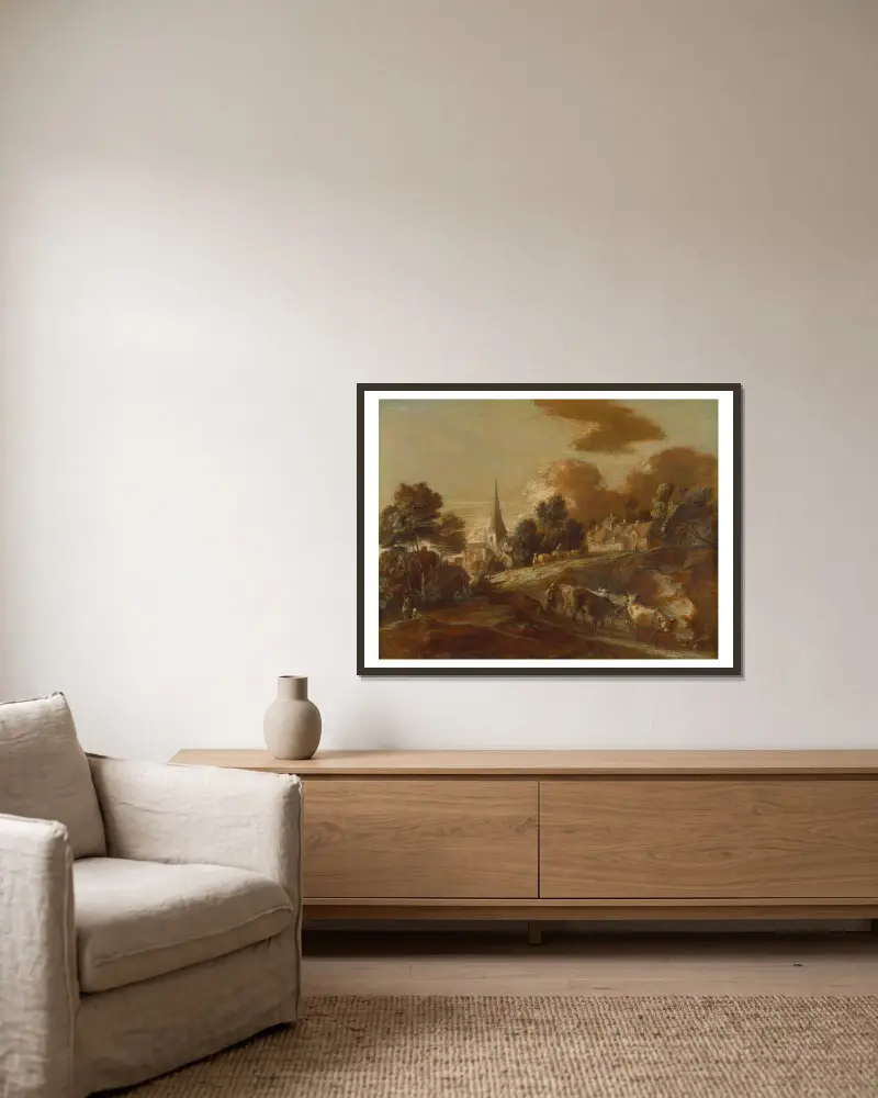Fantasiby i skog med boskapsdrivare och kreatur av Thomas Gainsborough inramad på en vägg