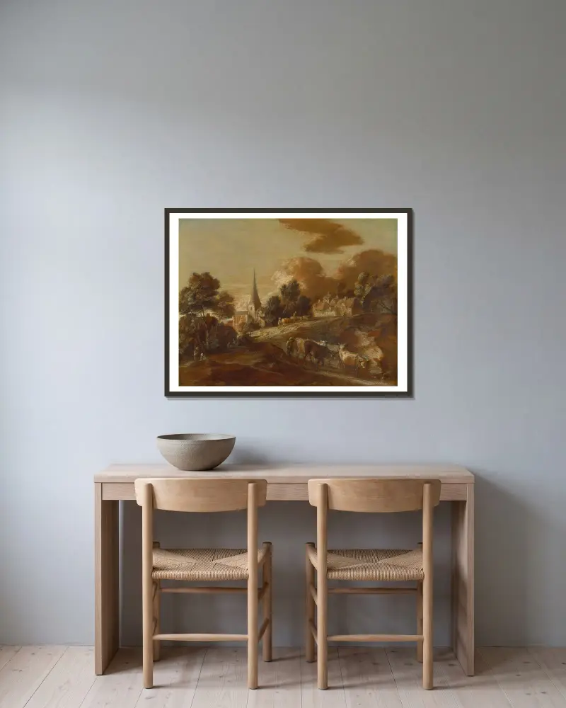 Fantasiby i skog med boskapsdrivare och kreatur av Thomas Gainsborough inramad på en vägg
