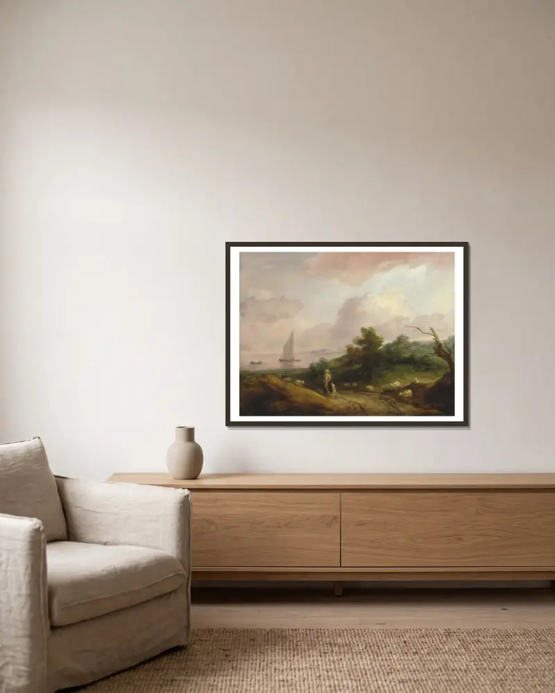 Kustlandskap med herde och hans hjord av Thomas Gainsborough inramad på en vägg