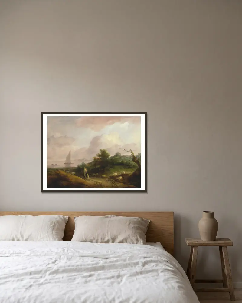 Kustlandskap med herde och hans hjord av Thomas Gainsborough inramad på en vägg