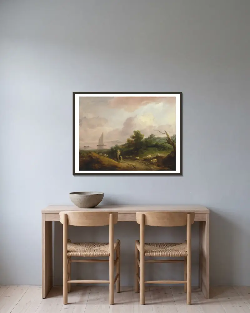 Kustlandskap med herde och hans hjord av Thomas Gainsborough inramad på en vägg
