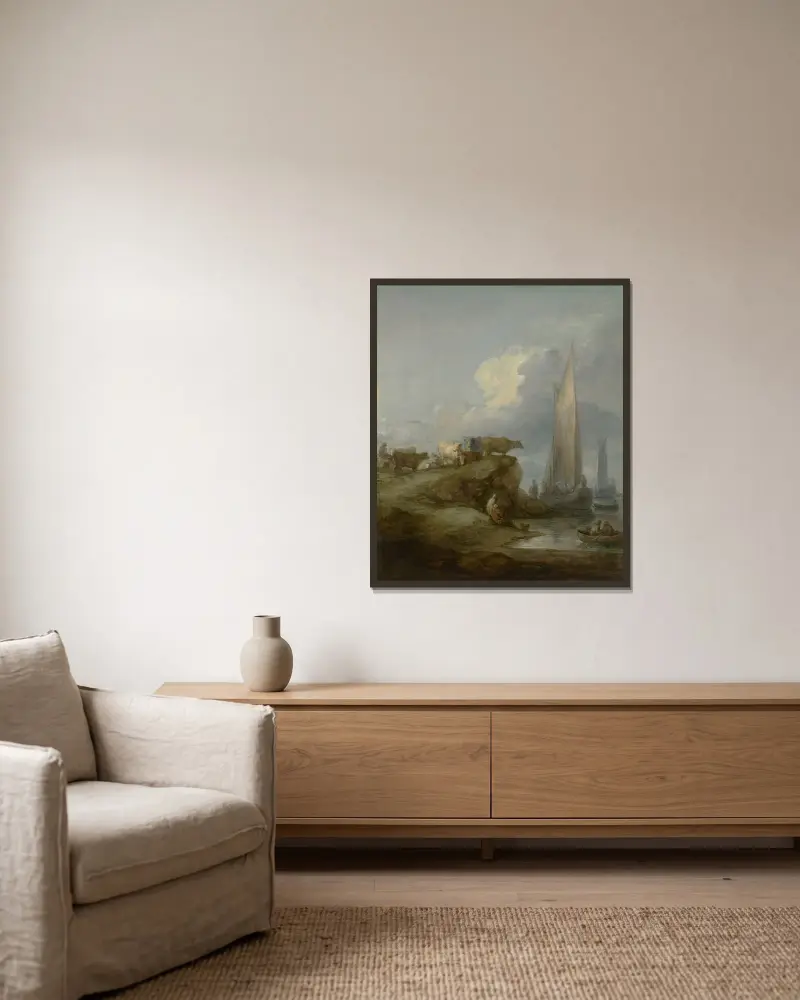 Kustscen med fartyg och boskap av Thomas Gainsborough inramad på en vägg