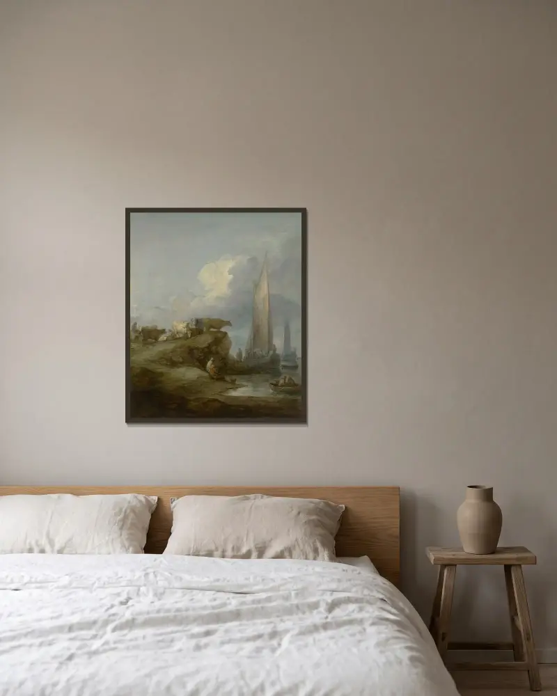 Kustscen med fartyg och boskap av Thomas Gainsborough inramad på en vägg