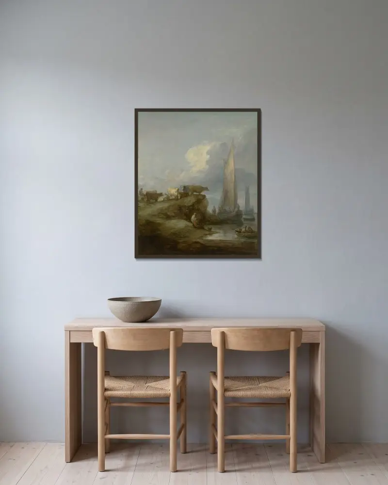 Kustscen med fartyg och boskap av Thomas Gainsborough inramad på en vägg