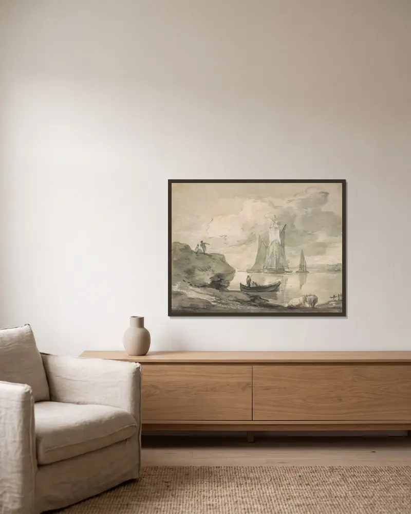 Kustscen med fartyg, figurer och kor av Thomas Gainsborough inramad på en vägg