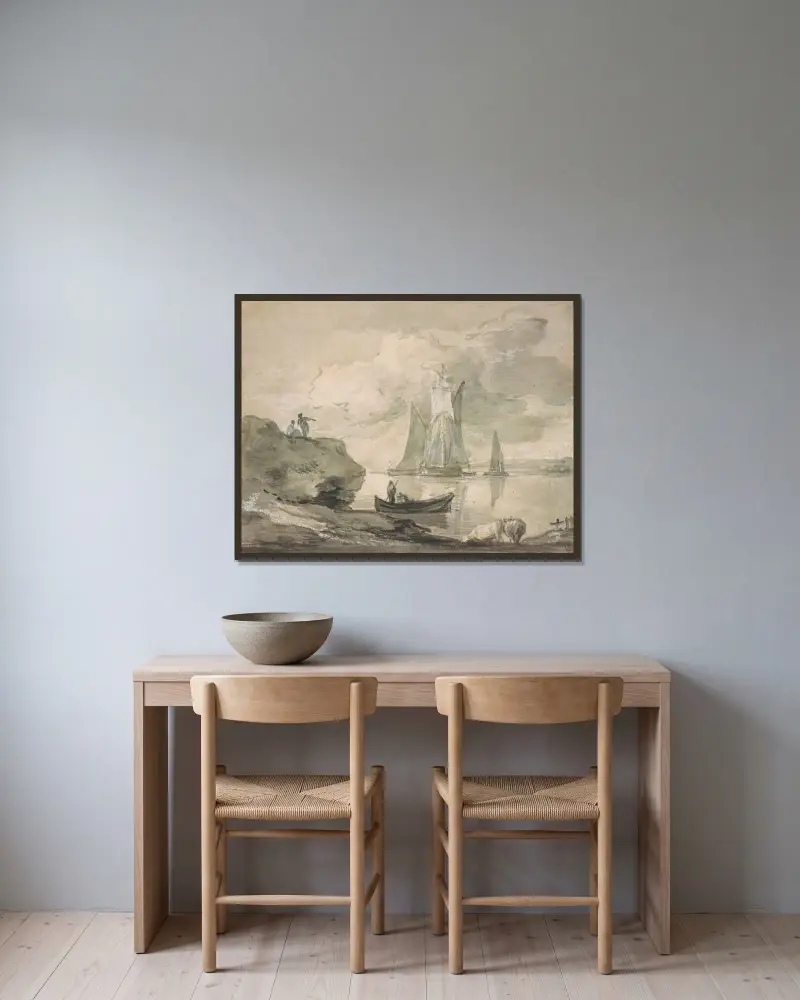 Kustscen med fartyg, figurer och kor av Thomas Gainsborough inramad på en vägg