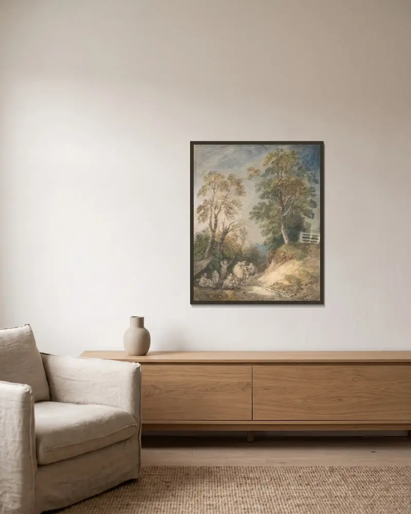 Lantlig stig med vilande zigenare av Thomas Gainsborough inramad på en vägg