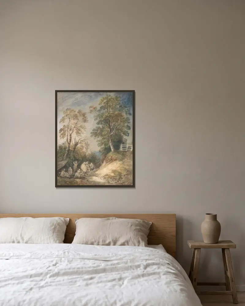 Lantlig stig med vilande zigenare av Thomas Gainsborough inramad på en vägg