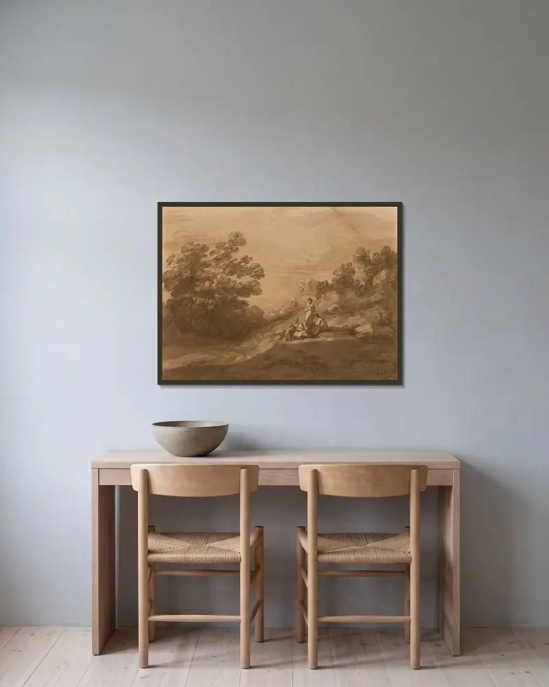 Vilande figurer i ett skogslandskap av Thomas Gainsborough inramad på en vägg