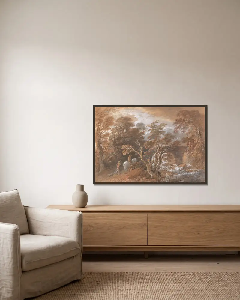 Pagórkowaty krajobraz z postaciami zbliżającymi się do mostu, Thomas Gainsborough w ramie na ścianie