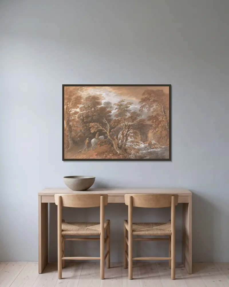 Pagórkowaty krajobraz z postaciami zbliżającymi się do mostu, Thomas Gainsborough w ramie na ścianie