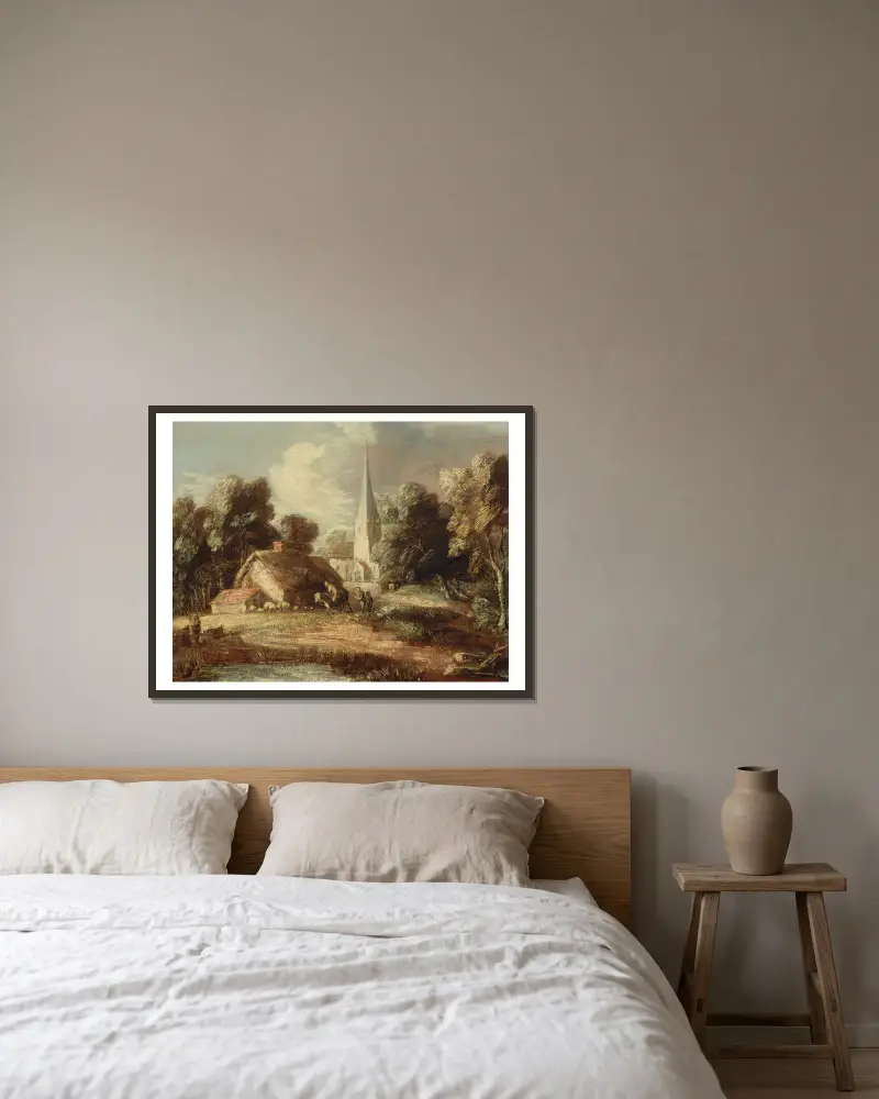 Landskap med stuga och kyrka av Thomas Gainsborough inramad på en vägg