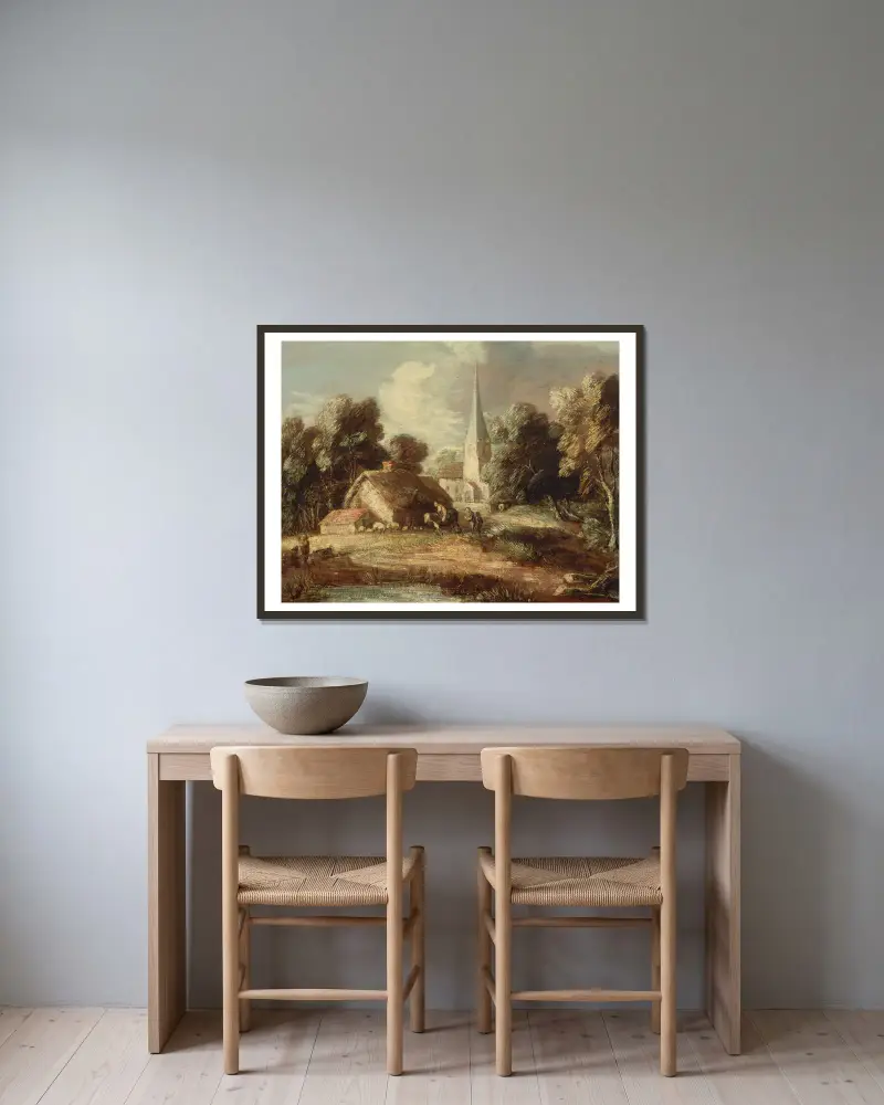 Landskap med stuga och kyrka av Thomas Gainsborough inramad på en vägg