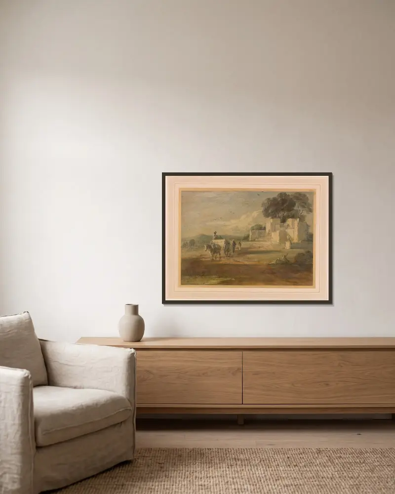 Landskap med häst och kärra, och ruin av Thomas Gainsborough inramad på en vägg